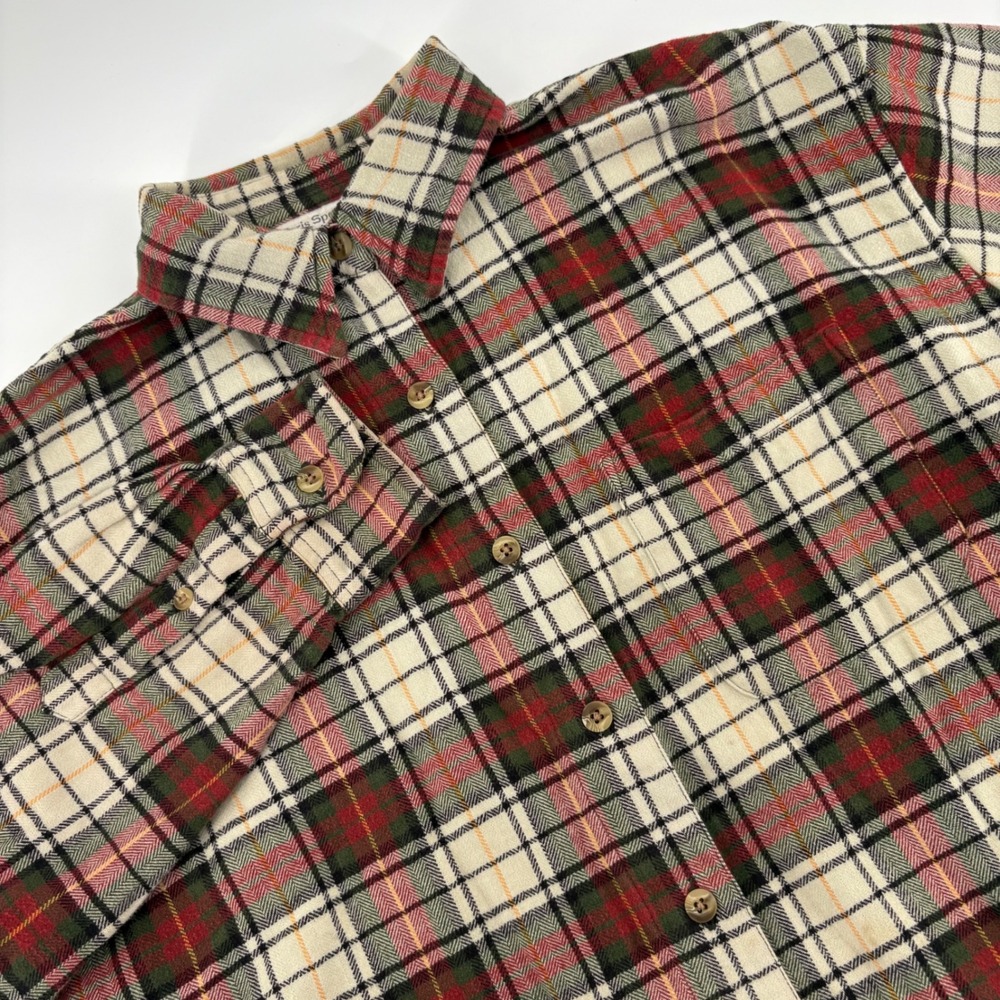 Paris Sport Club Womens M Flannel Shirt Plaid Button Up Long Sleeve Beige Red